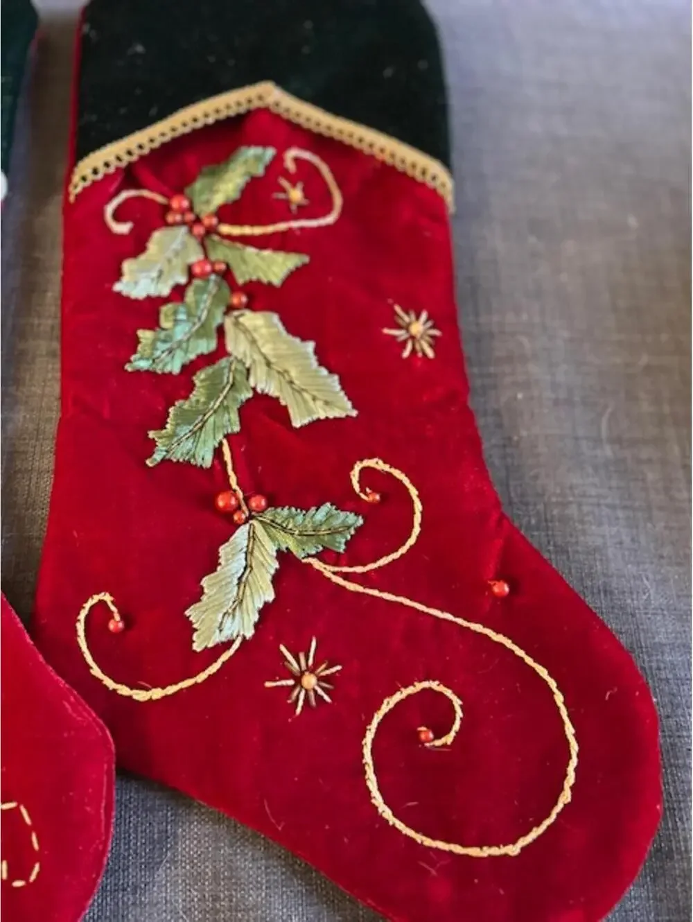 Pair of Embroidered Christmas Stockings with Tree and Holly Designs